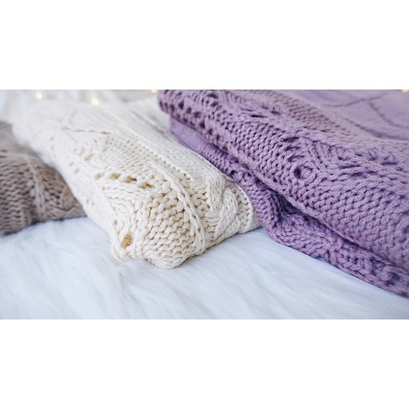 Purple Sweater, Cable Knit Sweater Puff Sleeve - Picture 6 of 8